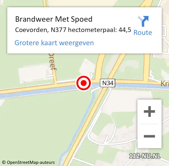 Locatie op kaart van de 112 melding: Brandweer Met Spoed Naar Coevorden, N377 hectometerpaal: 44,5 op 26 april 2022 08:25