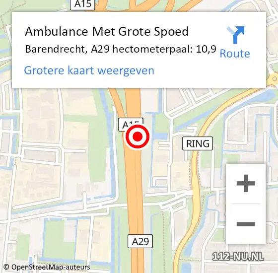 Locatie op kaart van de 112 melding: Ambulance Met Grote Spoed Naar Barendrecht, A29 hectometerpaal: 10,9 op 26 april 2022 08:53