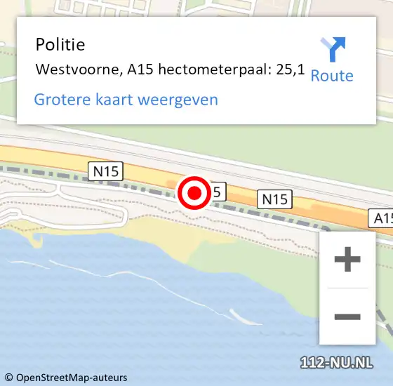 Locatie op kaart van de 112 melding: Politie Westvoorne, A15 hectometerpaal: 25,1 op 26 april 2022 09:25