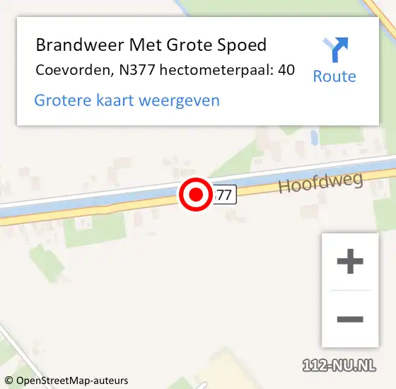 Locatie op kaart van de 112 melding: Brandweer Met Grote Spoed Naar Coevorden, N377 hectometerpaal: 40 op 26 april 2022 11:24
