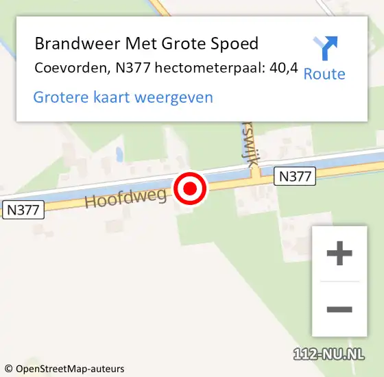 Locatie op kaart van de 112 melding: Brandweer Met Grote Spoed Naar Coevorden, N377 hectometerpaal: 40,4 op 26 april 2022 11:32