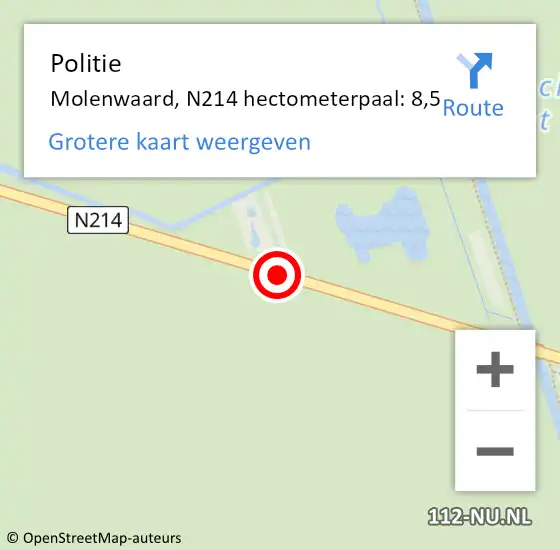 Locatie op kaart van de 112 melding: Politie Molenwaard, N214 hectometerpaal: 8,5 op 26 april 2022 13:40