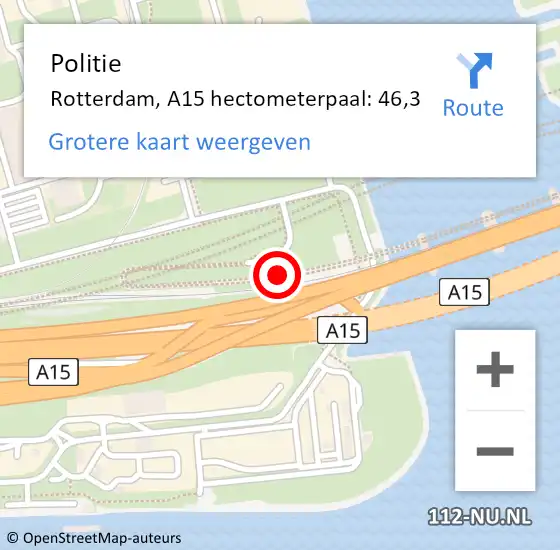 Locatie op kaart van de 112 melding: Politie Rotterdam, A15 hectometerpaal: 46,3 op 26 april 2022 17:32