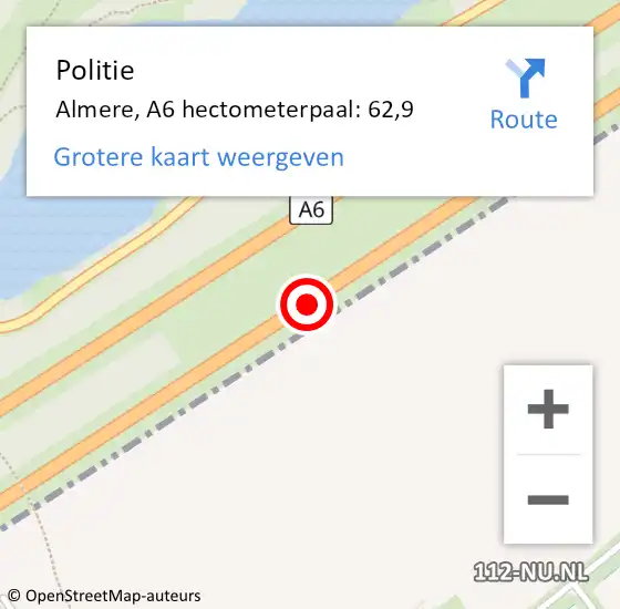 Locatie op kaart van de 112 melding: Politie Almere, A6 hectometerpaal: 62,9 op 26 april 2022 18:14