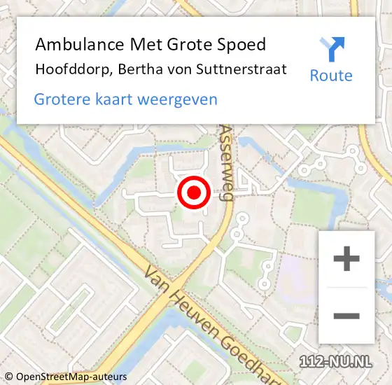 Locatie op kaart van de 112 melding: Ambulance Met Grote Spoed Naar Hoofddorp, Bertha von Suttnerstraat op 26 april 2022 19:49