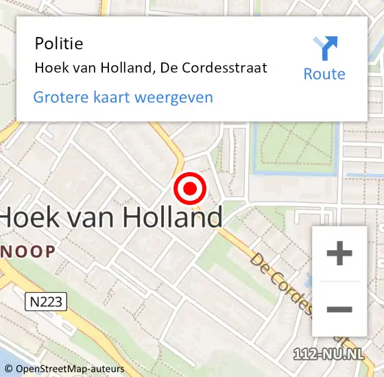 Locatie op kaart van de 112 melding: Politie Hoek van Holland, De Cordesstraat op 26 april 2022 20:10