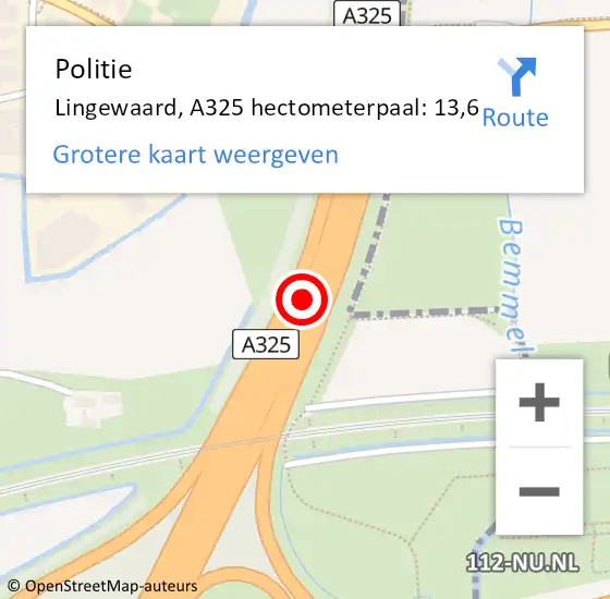 Locatie op kaart van de 112 melding: Politie Lingewaard, A325 hectometerpaal: 13,6 op 26 april 2022 20:28