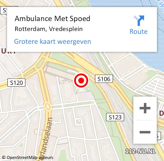 Locatie op kaart van de 112 melding: Ambulance Met Spoed Naar Rotterdam, Vredesplein op 26 april 2022 21:22