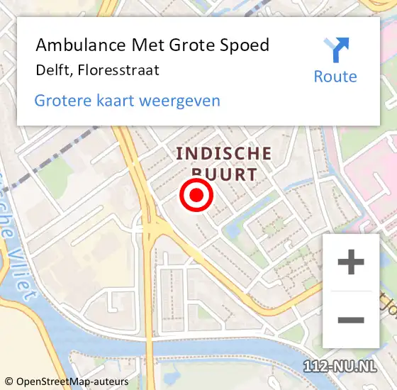 Locatie op kaart van de 112 melding: Ambulance Met Grote Spoed Naar Delft, Floresstraat op 26 april 2022 21:37