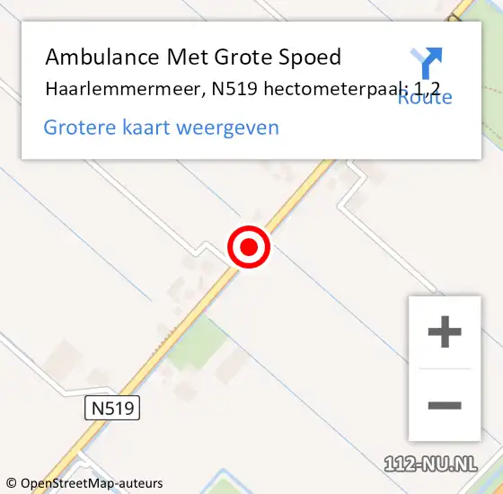 Locatie op kaart van de 112 melding: Ambulance Met Grote Spoed Naar Haarlemmermeer, N519 hectometerpaal: 1,2 op 26 april 2022 22:04