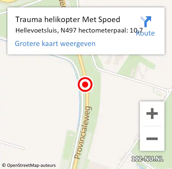 Locatie op kaart van de 112 melding: Trauma helikopter Met Spoed Naar Hellevoetsluis, N497 hectometerpaal: 10,7 op 27 april 2022 00:55