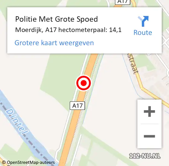 Locatie op kaart van de 112 melding: Politie Met Grote Spoed Naar Moerdijk, A17 hectometerpaal: 14,1 op 27 april 2022 06:12