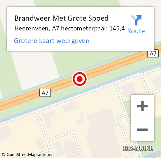 Locatie op kaart van de 112 melding: Brandweer Met Grote Spoed Naar Heerenveen, A7 hectometerpaal: 145,4 op 27 april 2022 07:52