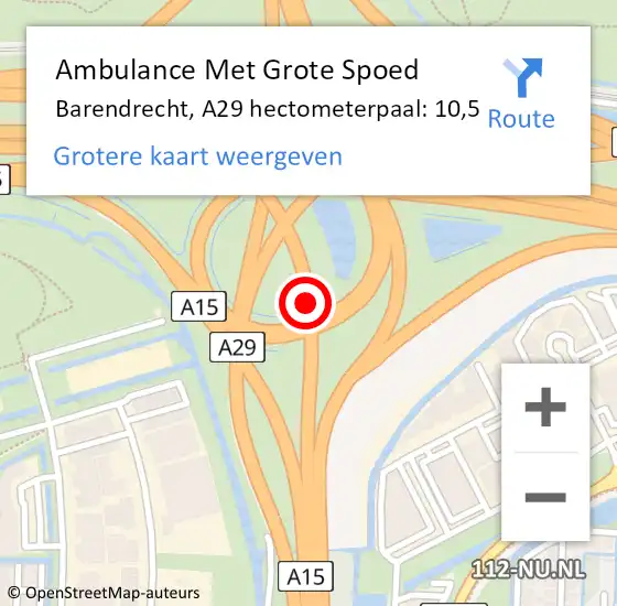 Locatie op kaart van de 112 melding: Ambulance Met Grote Spoed Naar Barendrecht, A29 hectometerpaal: 10,5 op 27 april 2022 10:29