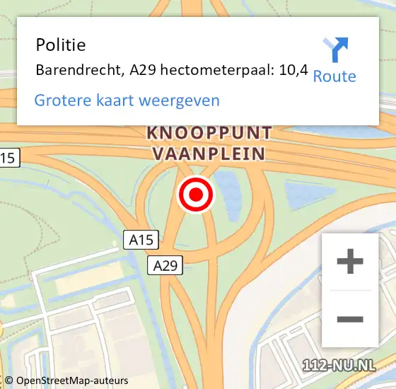 Locatie op kaart van de 112 melding: Politie Barendrecht, A29 hectometerpaal: 10,4 op 27 april 2022 10:30