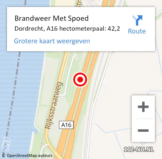 Locatie op kaart van de 112 melding: Brandweer Met Spoed Naar Dordrecht, A16 hectometerpaal: 42,2 op 27 april 2022 12:53