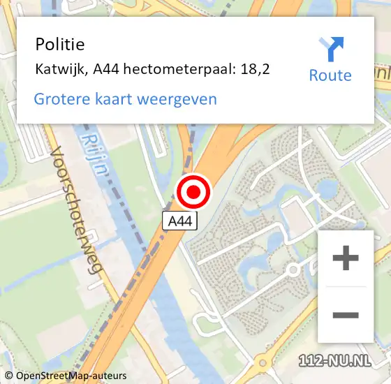 Locatie op kaart van de 112 melding: Politie Katwijk, A44 hectometerpaal: 18,2 op 27 april 2022 13:18