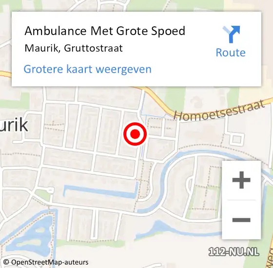 Locatie op kaart van de 112 melding: Ambulance Met Grote Spoed Naar Maurik, Gruttostraat op 27 april 2022 13:24