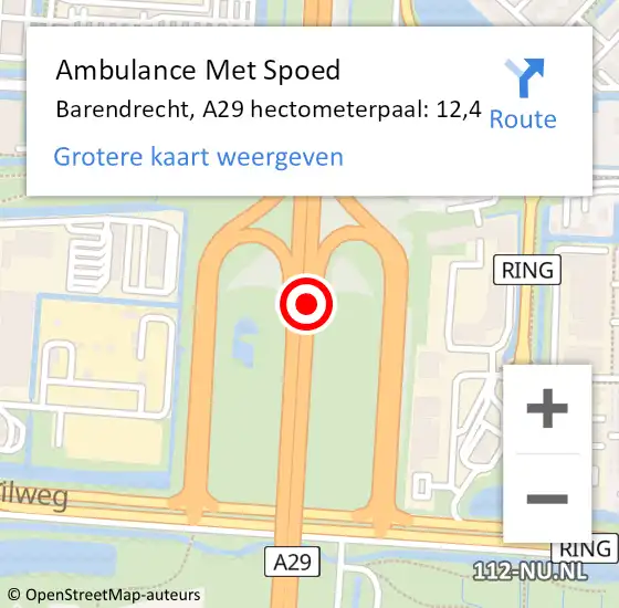 Locatie op kaart van de 112 melding: Ambulance Met Spoed Naar Barendrecht, A29 hectometerpaal: 12,4 op 27 april 2022 14:07
