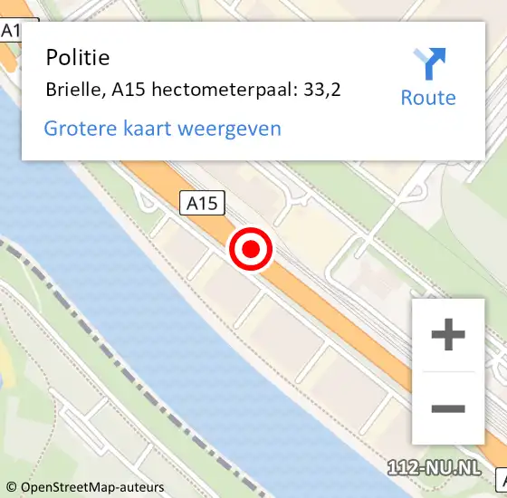 Locatie op kaart van de 112 melding: Politie Brielle, A15 hectometerpaal: 33,2 op 27 april 2022 16:06