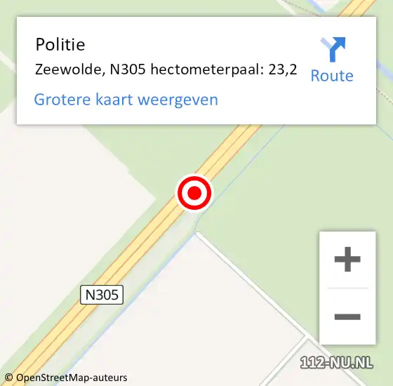 Locatie op kaart van de 112 melding: Politie Zeewolde, N305 hectometerpaal: 23,2 op 27 april 2022 17:12