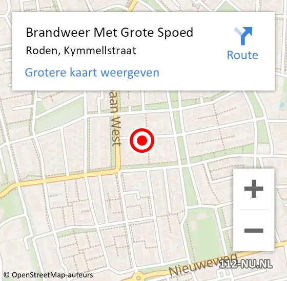 Locatie op kaart van de 112 melding: Brandweer Met Grote Spoed Naar Roden, Kymmellstraat op 27 april 2022 17:34