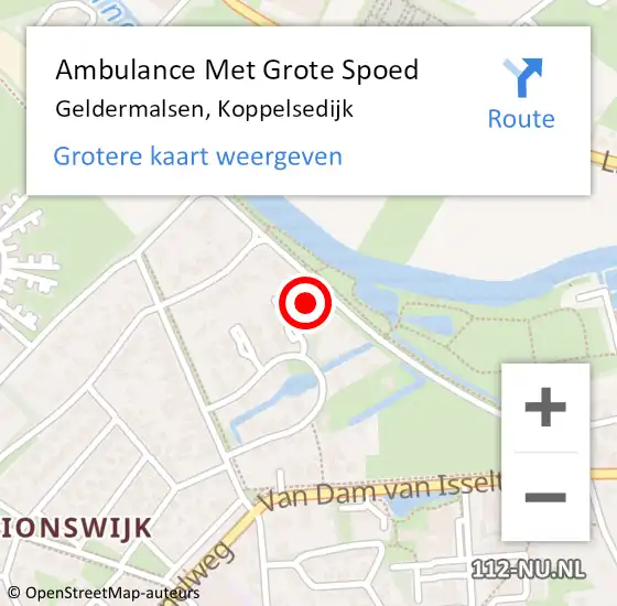 Locatie op kaart van de 112 melding: Ambulance Met Grote Spoed Naar Geldermalsen, Koppelsedijk op 27 april 2022 19:06