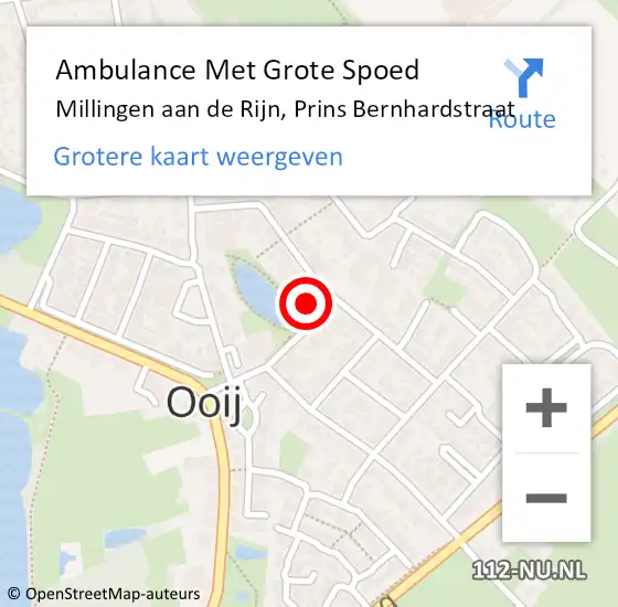 Locatie op kaart van de 112 melding: Ambulance Met Grote Spoed Naar Millingen aan de Rijn, Prins Bernhardstraat op 27 april 2022 20:47