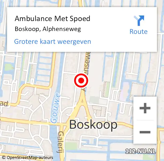 Locatie op kaart van de 112 melding: Ambulance Met Spoed Naar Boskoop, Alphenseweg op 27 april 2022 21:03