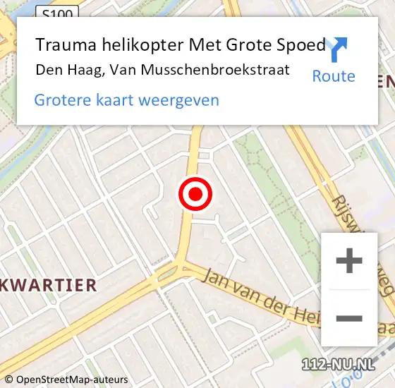 Locatie op kaart van de 112 melding: Trauma helikopter Met Grote Spoed Naar Den Haag, Van Musschenbroekstraat op 27 april 2022 21:12
