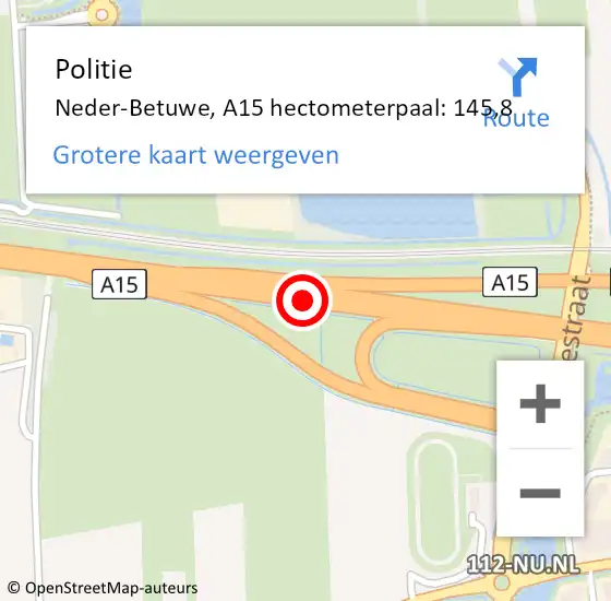 Locatie op kaart van de 112 melding: Politie Neder-Betuwe, A15 hectometerpaal: 145,8 op 28 april 2022 03:31