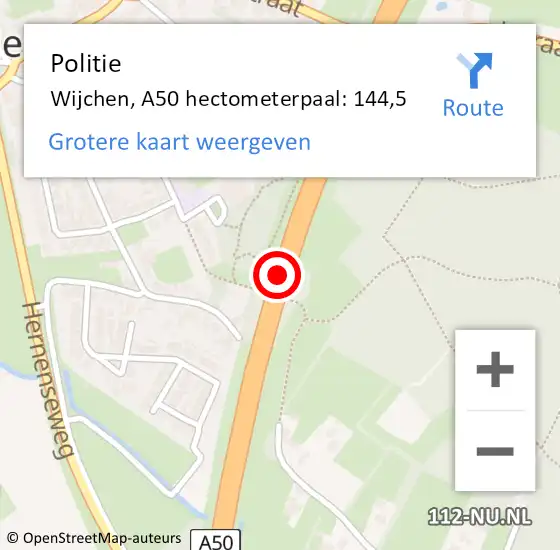 Locatie op kaart van de 112 melding: Politie Wijchen, A50 hectometerpaal: 144,5 op 28 april 2022 04:10