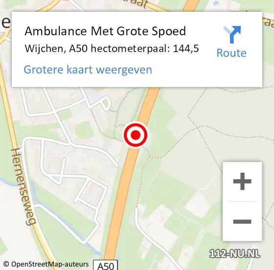 Locatie op kaart van de 112 melding: Ambulance Met Grote Spoed Naar Wijchen, A50 hectometerpaal: 144,5 op 28 april 2022 04:10