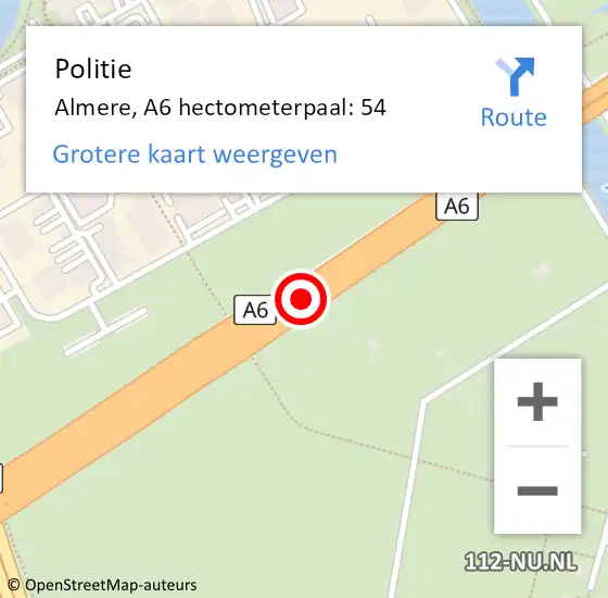 Locatie op kaart van de 112 melding: Politie Almere, A6 hectometerpaal: 54 op 28 april 2022 07:02