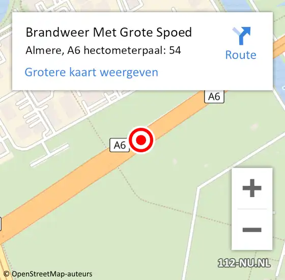 Locatie op kaart van de 112 melding: Brandweer Met Grote Spoed Naar Almere, A6 hectometerpaal: 54 op 28 april 2022 07:03