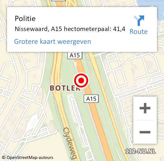 Locatie op kaart van de 112 melding: Politie Nissewaard, A15 hectometerpaal: 41,4 op 28 april 2022 10:17