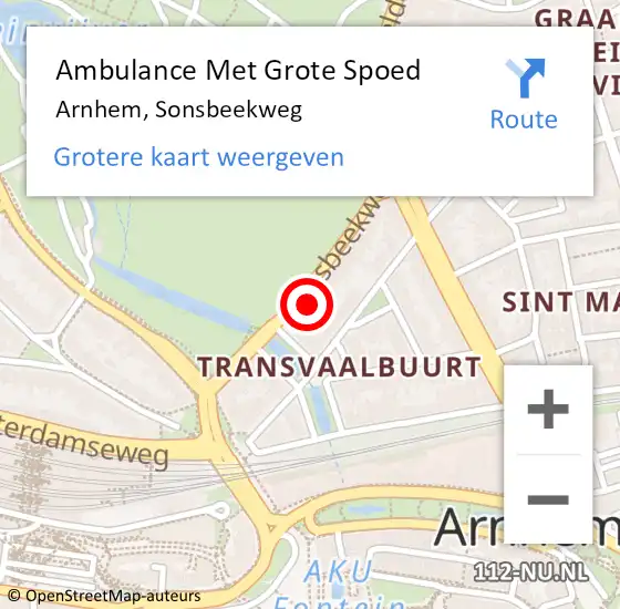 Locatie op kaart van de 112 melding: Ambulance Met Grote Spoed Naar Arnhem, Sonsbeekweg op 28 april 2022 10:53