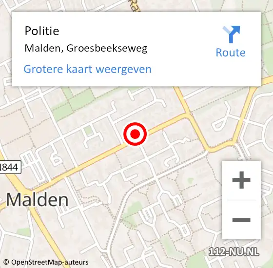 Locatie op kaart van de 112 melding: Politie Malden, Groesbeekseweg op 28 april 2022 10:59