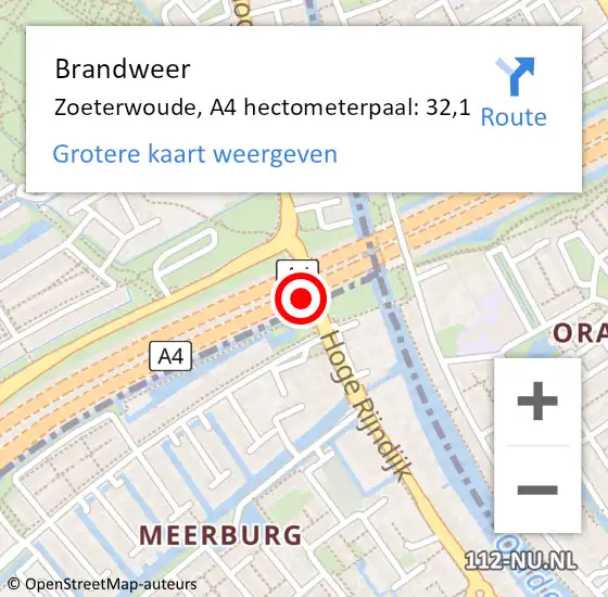 Locatie op kaart van de 112 melding: Brandweer Zoeterwoude, A4 hectometerpaal: 32,1 op 28 april 2022 12:06