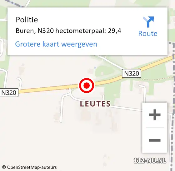 Locatie op kaart van de 112 melding: Politie Buren, N320 hectometerpaal: 29,4 op 28 april 2022 12:06