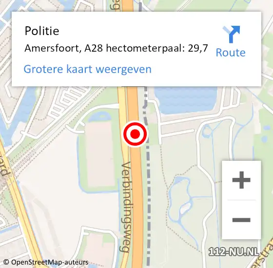 Locatie op kaart van de 112 melding: Politie Amersfoort, A28 hectometerpaal: 29,7 op 28 april 2022 13:08