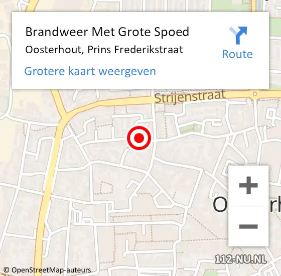 Locatie op kaart van de 112 melding: Brandweer Met Grote Spoed Naar Oosterhout, Prins Frederikstraat op 28 april 2022 14:03