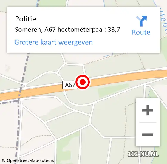 Locatie op kaart van de 112 melding: Politie Someren, A67 hectometerpaal: 33,7 op 28 april 2022 15:35