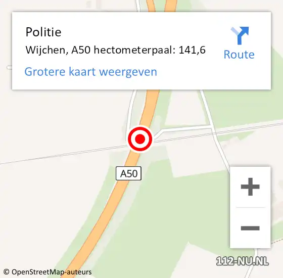 Locatie op kaart van de 112 melding: Politie Wijchen, A50 hectometerpaal: 141,6 op 28 april 2022 15:40