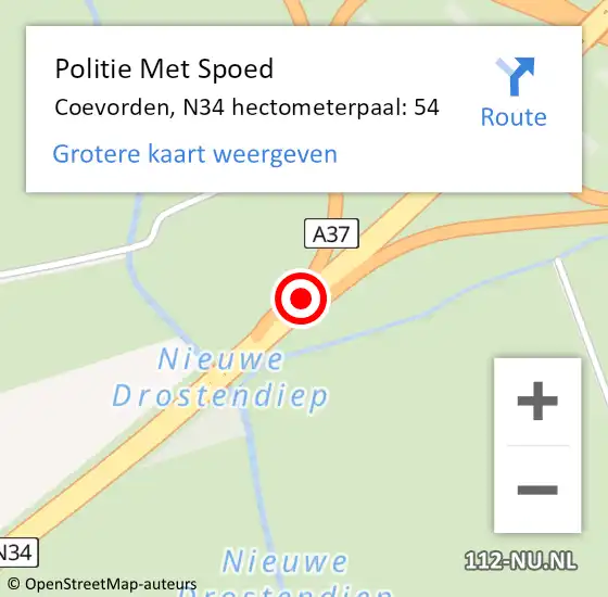 Locatie op kaart van de 112 melding: Politie Met Spoed Naar Coevorden, N34 hectometerpaal: 54 op 28 april 2022 16:00