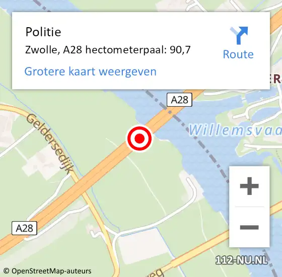 Locatie op kaart van de 112 melding: Politie Zwolle, A28 hectometerpaal: 90,7 op 28 april 2022 16:09
