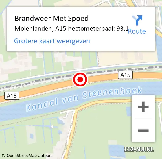 Locatie op kaart van de 112 melding: Brandweer Met Spoed Naar Molenlanden, A15 hectometerpaal: 93,1 op 28 april 2022 16:18