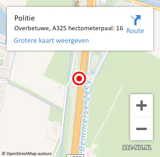 Locatie op kaart van de 112 melding: Politie Overbetuwe, A325 hectometerpaal: 16 op 28 april 2022 16:28