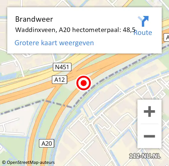 Locatie op kaart van de 112 melding: Brandweer Waddinxveen, A20 hectometerpaal: 48,5 op 28 april 2022 16:43