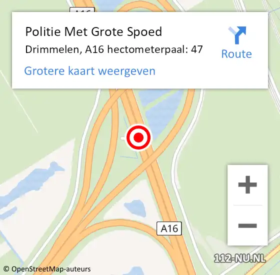 Locatie op kaart van de 112 melding: Politie Met Grote Spoed Naar Drimmelen, A16 hectometerpaal: 47 op 28 april 2022 17:32